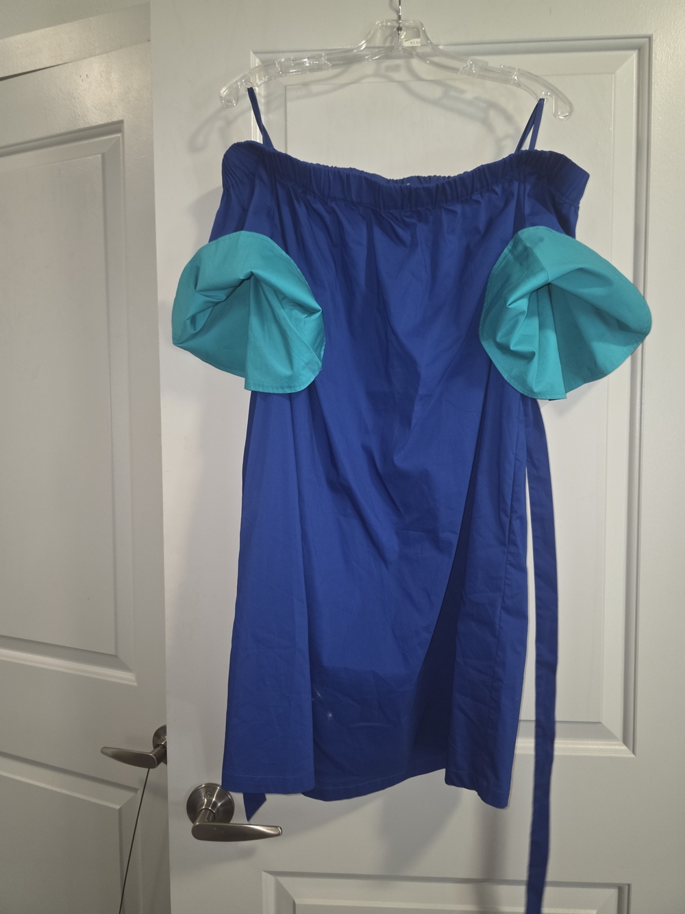 Blue Off-Shoulder Dress with Turquoise Flip Sleeves